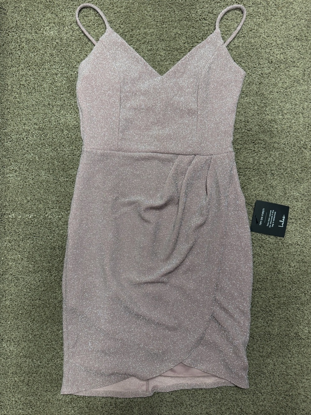 Lulu's Dusty Rose Sparkle V-Neck Spaghetti Strap Mini Dress